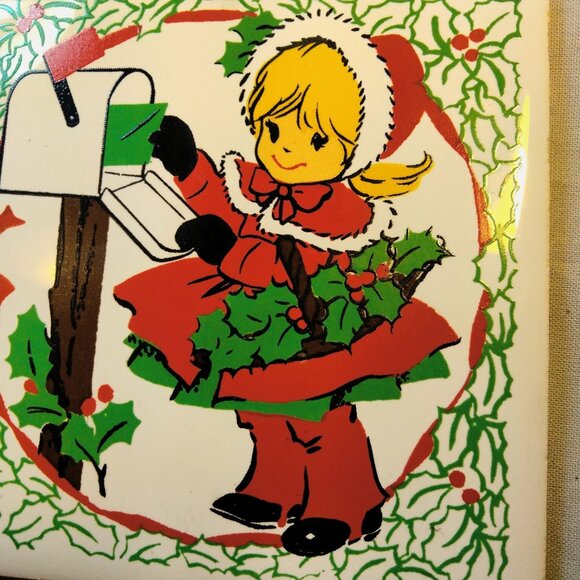 Ceramic Tile Little Girl Boy Sending Holiday Mail Vintage Christmas Trivet JASCO - Picture 3 of 7